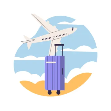 a blue suitcase with an airplane in the background