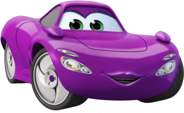 a purple car with green eyes