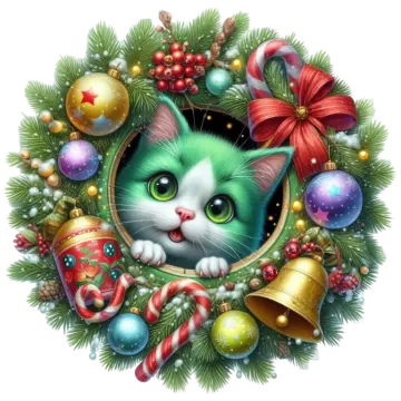 a cat in a wreath with christmas decorations