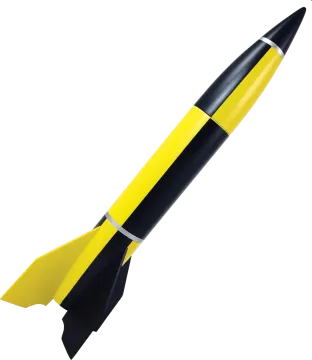 a yellow and black rocket on a white background