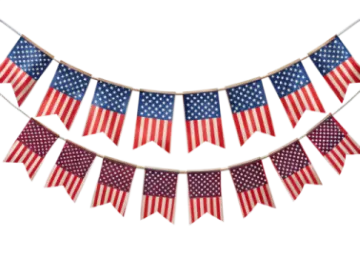 an american flag banner hanging on a string