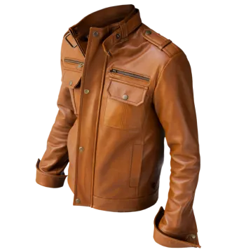 a brown leather jacket on a white background