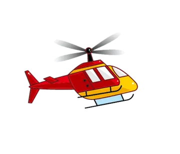 a red and yellow helicopter flying in the sky