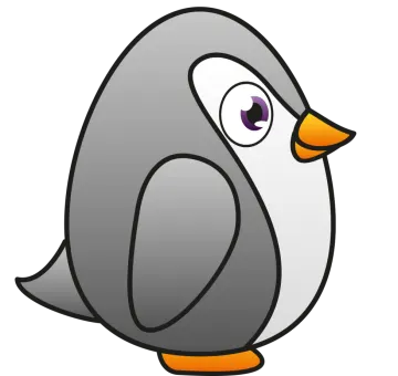 a cartoon penguin with purple eyes