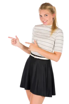 a woman in a white shirt and black skirt