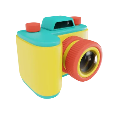 a yellow and blue camera on a white background