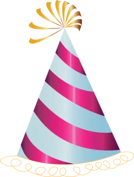 a pink and blue party hat with a gold bow