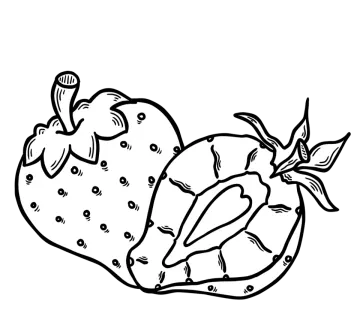 a black and white drawing of a strawberry