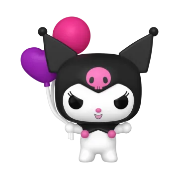 a black and white cat with pink ears holding balloons