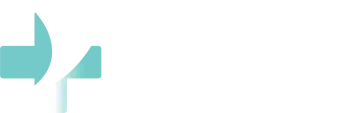 a white and blue logo with an arrow in the middle