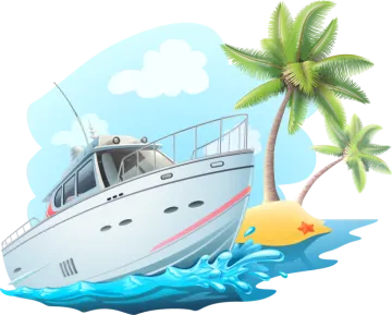 a boat on the beach with palm trees