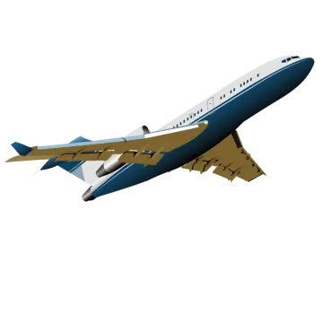 a blue and white airplane flying in the sky