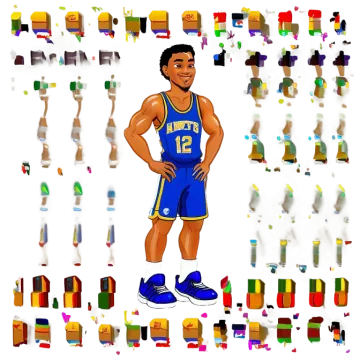 a basketball player standing in front of many different colored objects