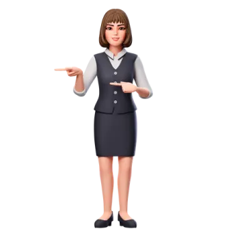 a woman in a business suit pointing at something
