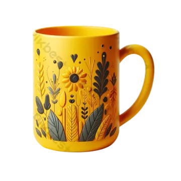 a yellow mug with black and white flowers on it