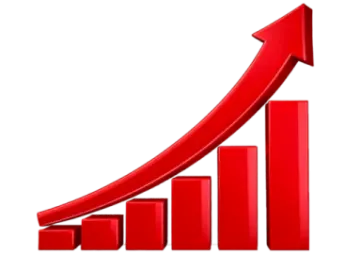 a red bar chart with an arrow pointing upward