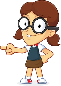 a cartoon girl with glasses pointing to the right