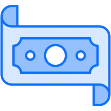 a blue and white icon of a money bill