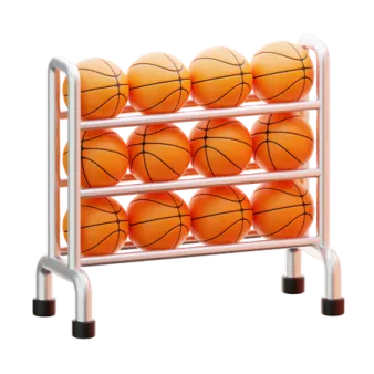 a rack with basketball balls in it