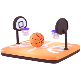 an orange basketball court with a ball and hoop