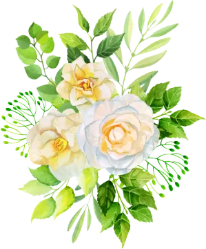 a bouquet of white roses and green leaves