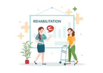 two people standing in front of a whiteboard with the word rehabilitation