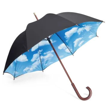 a black and blue umbrella with clouds on it
