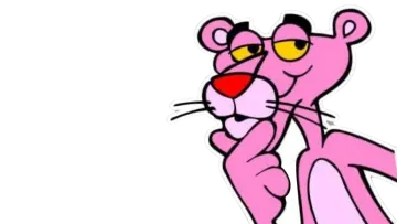 a cartoon pink panther with yellow eyes