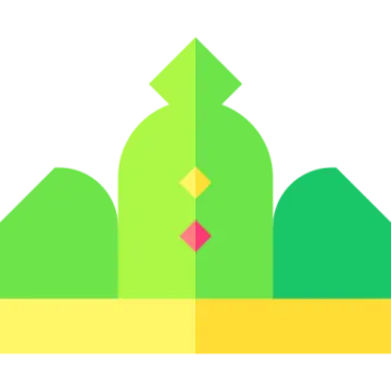 a green building with a red triangle in the middle