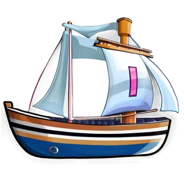a blue and white boat with pink sails