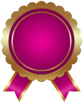 a gold medal with a pink ribbon around it