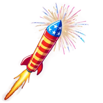 a red, white and blue rocket with stars on it