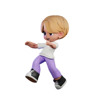 a cartoon character in purple pants and white shirt