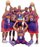 a group of basketball players posing for a photo