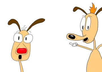 two cartoon dogs with one pointing at the other