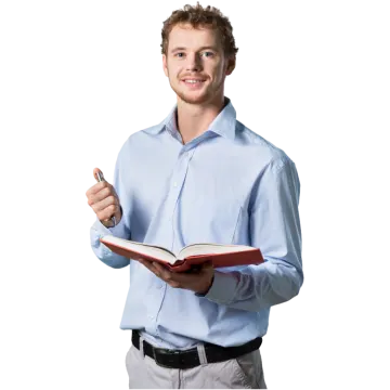 a man in a blue shirt holding a book