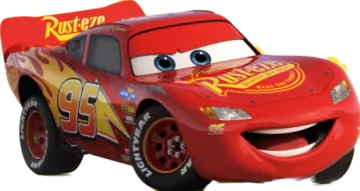 a red and yellow car with a smiling face
