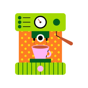 a green robot holding a cup of coffee