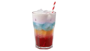 a red, white and blue drink in a tall glass