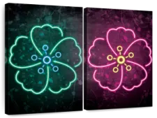 two colorful neon flowers on a black background
