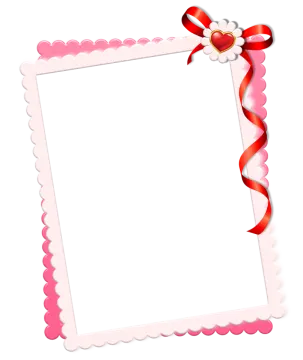 a pink frame with red ribbon and bow
