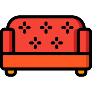 a red couch with black dots on it
