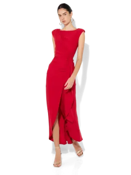 a woman in a red dress