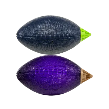 two footballs with green and purple colors