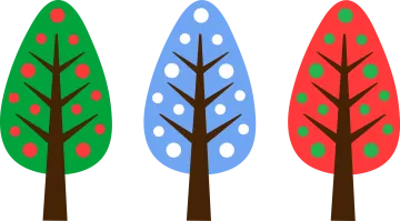 four trees with different colors and shapes