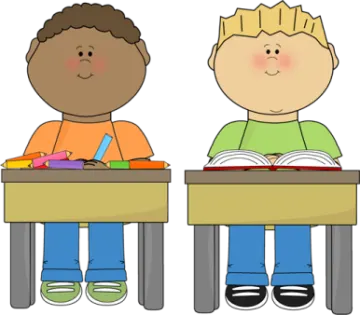 two children sitting at desks with books and pencils
