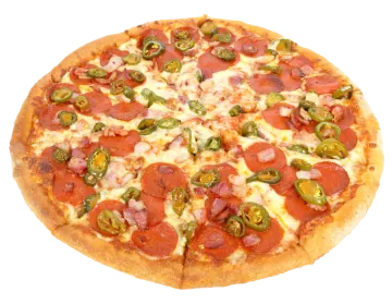 a pizza with pepper, peppers and cheese on it