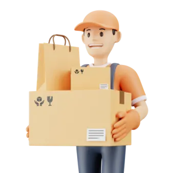 a man holding a cardboard box and smiling