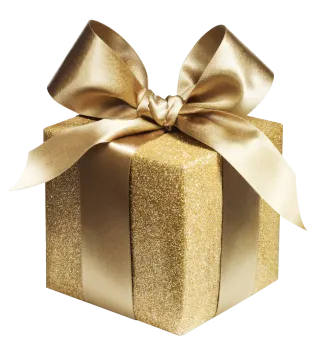 a gold gift box with a bow