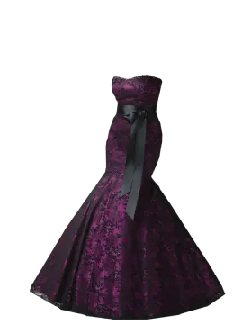 a purple dress with a black bow on the waist